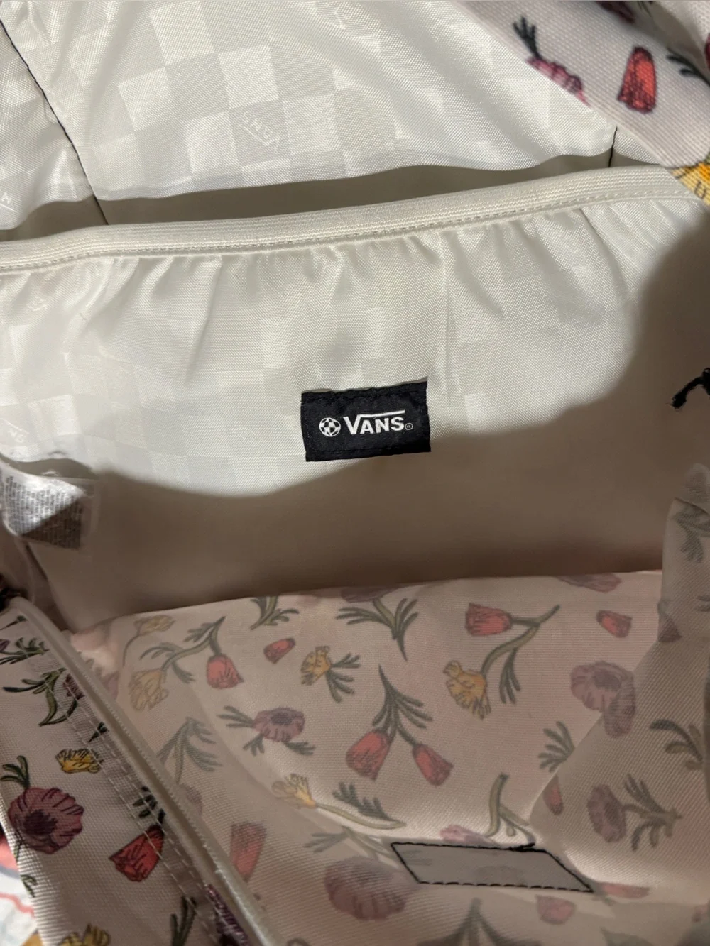 Vans Old Skool White Floral Canvas Backpack with Pink & Yellow Blossoms